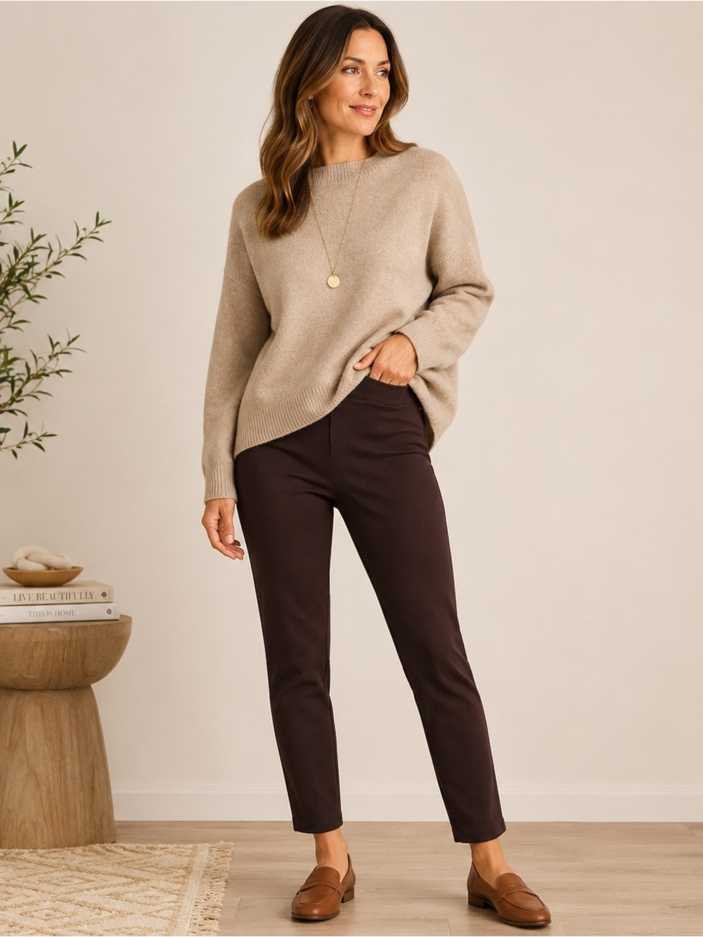 Eileen Fisher Petite Brown Ponte Knit Stretch Ankle Pants PS